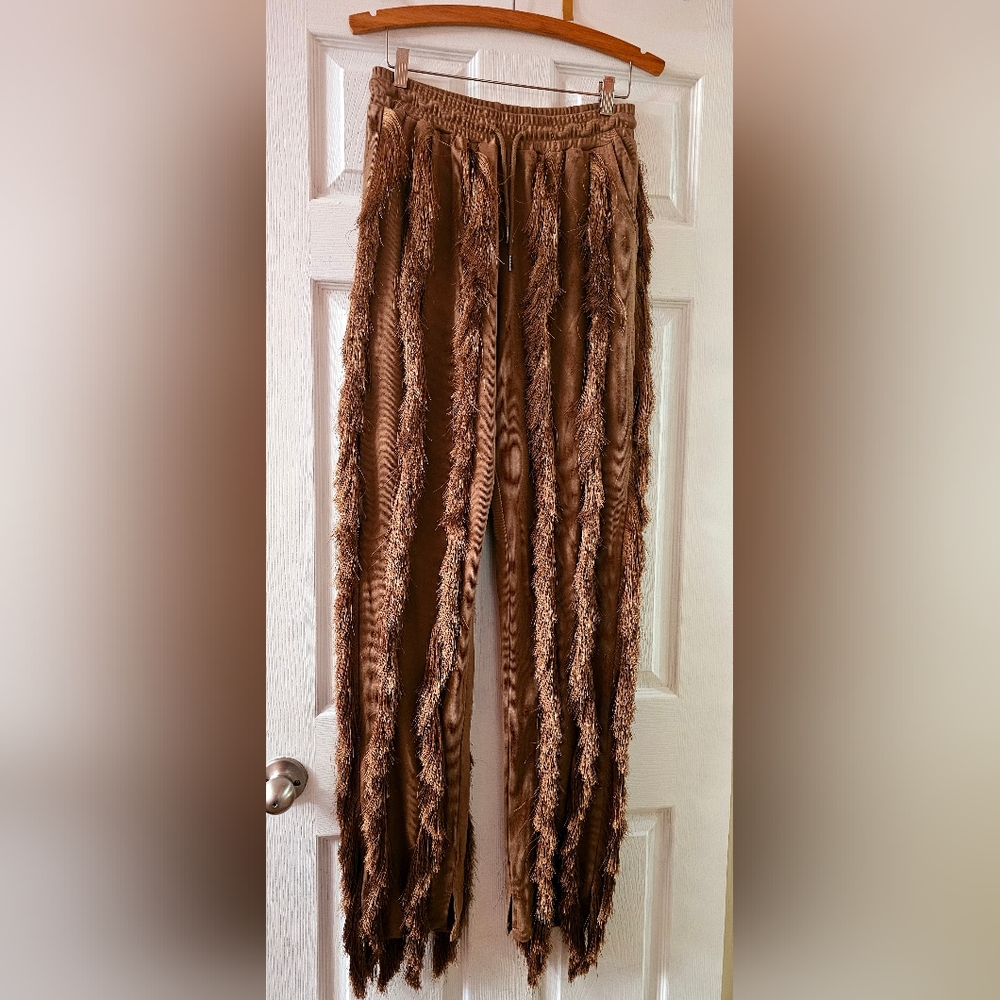 Fringed Brown Straight Leg Pants